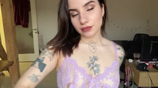 Sexy Smoking in Sheer Lingerie, Tattooed Curvy Brunette