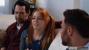 Social worker knows whats going on between stepdad and stepdaughter.He wants a piece and the small tits redhead is anal fucked while sucking stepdaddy