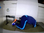 Pup machine fucked by 6,8cm toy in his german army tracksuit