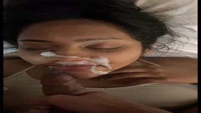 Dusky beauty gets a hot cream on her face