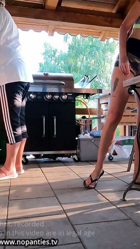 No Panties Mini Skirt Short Skirts Barbeque Party with Hot Tight Shaved Pussy Girls Outdoors   Clip 1