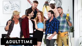 Redhead gets gangbanged and double penetrated by construction workers