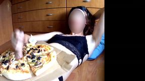 Cum Food Fetish. Teasing, Dildo and Eating Pizza with Cum