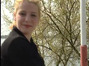Short hair blonde babe at outdoors interview