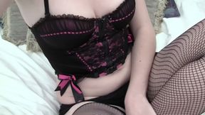 Short-haired Amateur Selfie - Topless in Fishnets, Legs Spread on the Bed