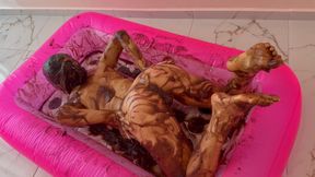 Dunk and sit on choco jelly! Covered masturbation!