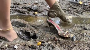 Carolina Herrera sandals wrecked in mud, high heels forest walk, high heels sinking in mud, high heels sandals ruined in mud