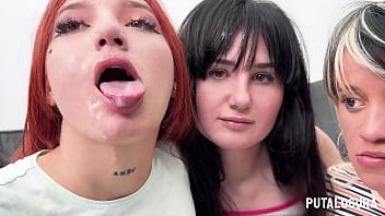 PutaLocura - Jovenes zorras Sara Villegas, Digna Morales y Laura Hardkinks tragan en el bukkake