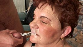 Hairy grandma is afraid of cum!