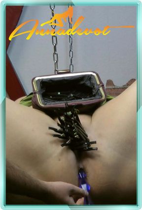 Dildo in the ass and the cunt clamped, just horny, that turns me on, come put your cock in my mouth now.