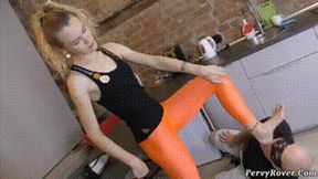 Tall Blonde In Orange Leggings Bare Foot Worship And Face Slapping