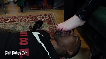 BBC slave worships Gail Bates ass and feet until she kicks him out
