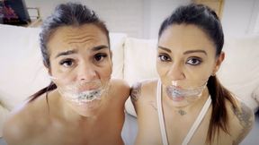 Latina X Lola Lu Damsels Panty and tape gagged, bound and hogtied by the intruder (4K)