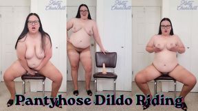 Hairy BBW Crotchless Pantyhose Dildo Riding in Mules
