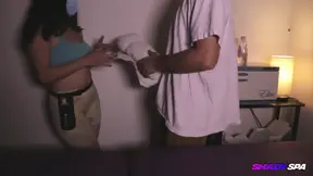 Sexy Chubby MILF masseuse gives deep suck and cums on him