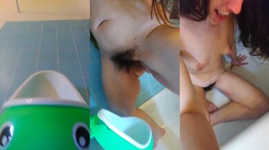 PinkMoonLust girl pisses on urinal boy while master watches potty training fun