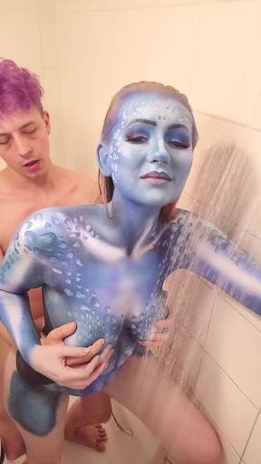 X-men Mystique Body Paint Shower Removal & Fucking