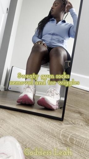 Sweaty gym sock removal and toe wiggles