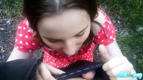 Blonde licks thick shaft and chugs load deep in the woods