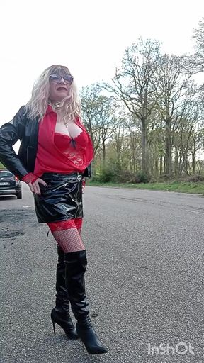 The slut prostitutes herself in the forest and by the roadside, masturbates in her car.