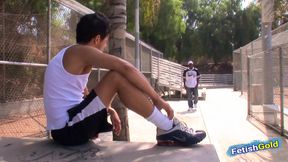 Muscular white dude gets his shaved ass screwed by a horny black guy with big cock