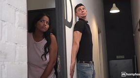 Receptionist gets lucky, fucking a daring curvy latina.