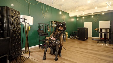 Rubber Pony Play: the stallion got saddled up and milked by a milking machine