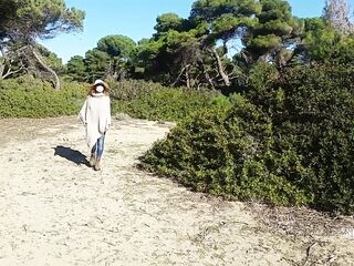 nippleringlover walking topless on public beach - flashing tiny titties biggest pierced nipps chain