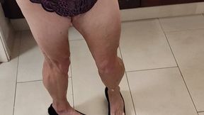 In purple and black lingerie