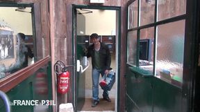 Trashy brunette gets fucked with screwdriver handle