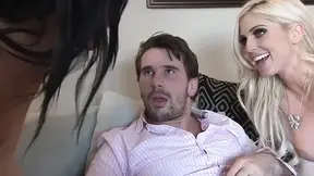 Blonde Bombshell and Brunette Hottie Ride Cock on Couch