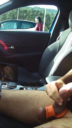 Chubby brunette notices me masturbating in public parking and peeks twice