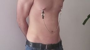 BDSM- GAY Wall-Chained Slave in Chastity – Nipple Clamps, Magic Wand & Shocked Orgasm