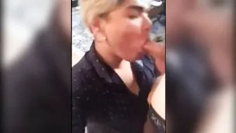 Latino crossdresser gives hung white thug a sloppy blowjob and swallows