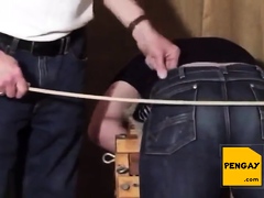 Caned over tight jeans Daddy boy