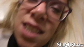 Blonde babe goes from sucking big cock to getting pounded doggy style