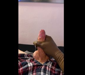 Masturbating lubed cock with super tight latex gloves till perfect cumshot