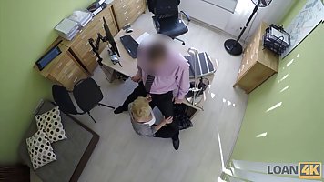 Blonde needs a loan so she pledges her pussy!