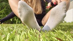 Clean White Socks Turn Dirty on Grass — Slow Sock Removal, Dirty Soles & Jacuzzi Foot Wash in Public