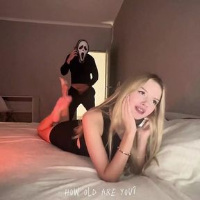 Hot Blonde with Big Tits Fucked Hard and Pissed Man in Scream Costume