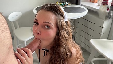 Kitchen Duty Turns Dirty as Maid Gives Daddy a Sloppy POV Blowjob