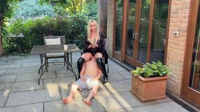 Outside Morning Coffee Seat - Miss Jessica Wood sits on a slave face as a cushion on her chair with Facesitting