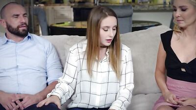 Blonde MILF and her husband invited over a hot teen doll for an FFM threesome