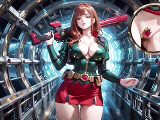Inside the Sci-Fi Teach, that babe wears a constricted green armor, touching her red lips whilst gazing at the galaxy throughout the porthole.