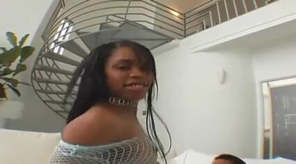 Black babe takes two huge cocks during DP