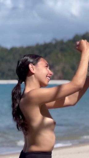 Petite brunette sucks BWC on a beach! Whoopsy-Kiwi   Clip 1