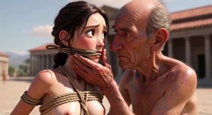 Woman in Public Bondage - Old Man Caressing Her While Shes Desperate &amp; Horny