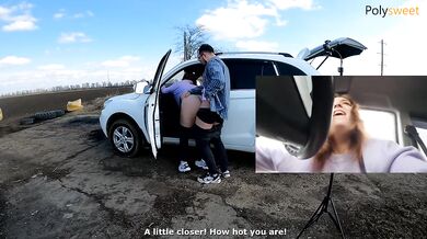 Strapon pegging him in public while his girlfriend watches and begs for cum