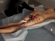 Slim femboy wax played, prostate massaged and cock milked by femdom mistress got intense orgasm