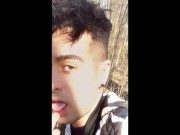 Touching and tasting own cum from the ground public